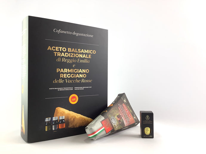 BOX DEGUSTAZIONE PARMIGIANO REGGIANO DELLE VACCHE ROSSE 40 MESI E ASSAGGIO 10 ML ACETO BALSAMICO TRADIZIONALE DI REGGIO EMILIA DOP ORO