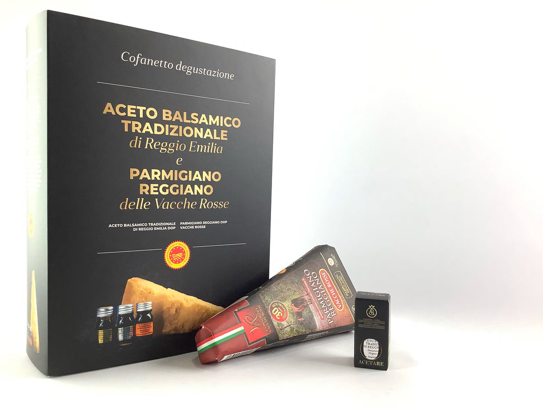 BOX DEGUSTAZIONE PARMIGIANO REGGIANO DELLE VACCHE ROSSE 30 MESI E ASSAGGIO 10 ML ACETO BALSAMICO TRADIZIONALE DI REGGIO EMILIA DOP ARGENTO